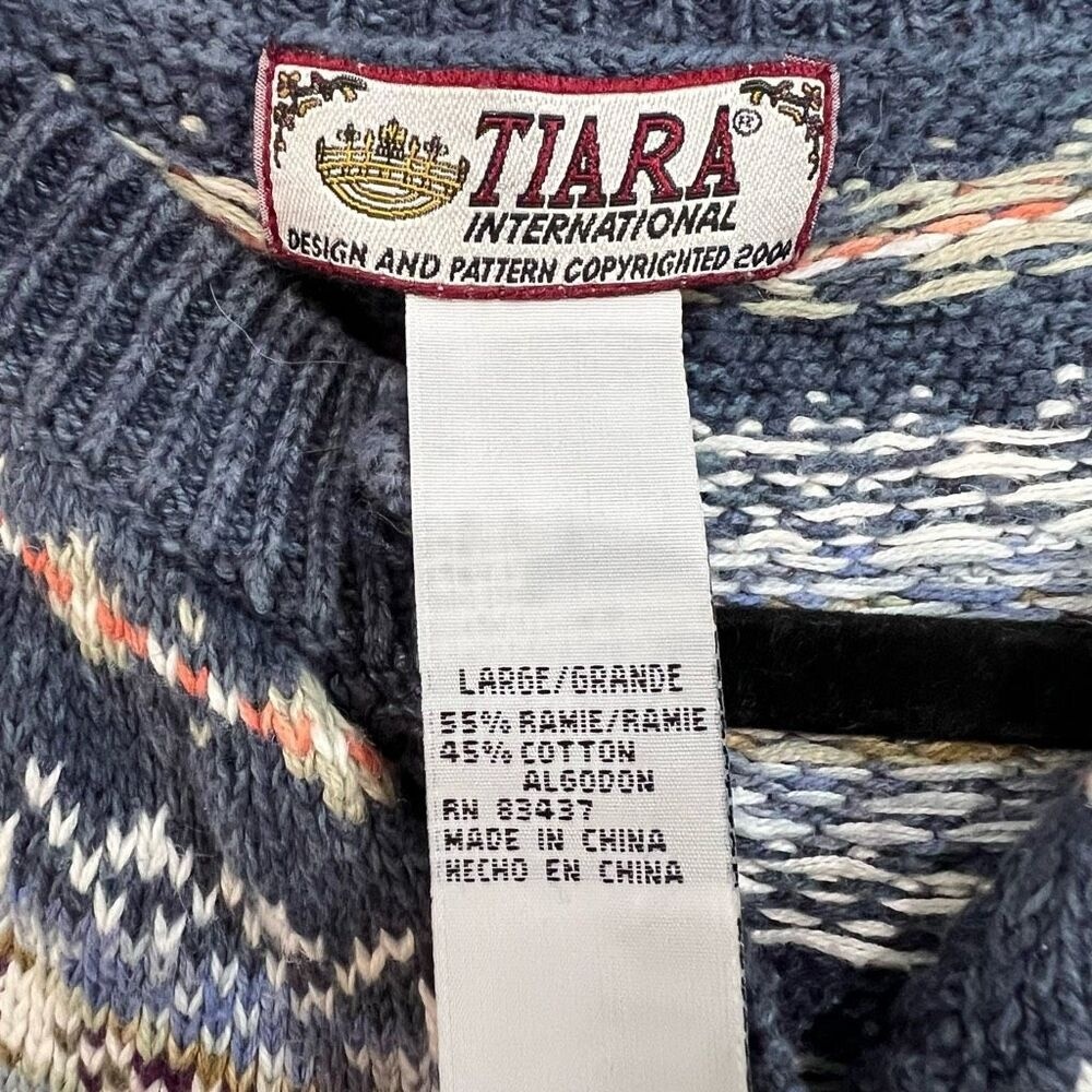 Tiara Cardigan Sweater Fair Isle Nordic Ski Blue Tan White Full Button Front L - Picture 3 of 9